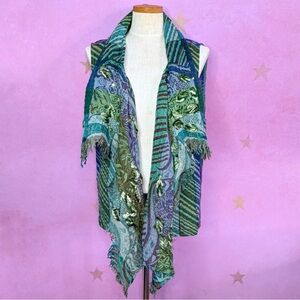 Anu By Natural 100% Wool Boho Vest Teal Multicolor Paisley Embroidered Hippie